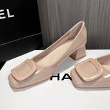 Naked Pink Single Shoes In The Autumn Of 2025 New Classic Square Buckle Patent Leather Round Head With Thick Heel Commuting Women's Shoes HZ0115