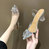 2025 Spring And Summer New Pointed Word With Sunflower High Heels Transparent Crystal Shoes Coarse Heel Glass And Sandals Woman HZ0115