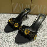 ZA Home 2025 New Cow Skin Flowers Exposed Toe And Cool Slippers Outside Wearing High Heels Sandals Women HZ0115