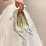 Wedding Shoes High Heels Women 2025 New Single-Shoe Female Pointed Fairy Wind Bow Water Drill Fine And Crystal Bridesmaid Shoes HZ0115