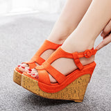 12 Cm Wood Grain Heel Slope And Fish Mouth Sandals Large-Size Slope And Water Table Hollow Sandals Female Quality Sandals HZ0115