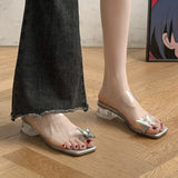 Sandals Women Transparent High Heels 2025 Summer New Square Head Coarse Heel Wearing Bows Toe Crystal And Cool Slippers HZ0115