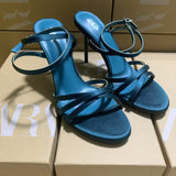 ZA Home 2025 New French High-Heeled Women's Shoes Tip With Cross-Clasp Fashion Dew Sandals Female Peacock Green HZ0115