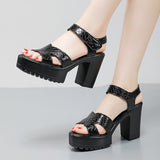 Painted Leather High Heel Waterproof Sandals Women Fashion Crocodile Pattern Walking Shoes Summer Coarse Heel Magic Sticky H Women's Shoes HZ0115