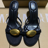 ZAJ2025 Spring New Women's Shoes Black Metal Details Decorating Round Head Fine High Heel Elegant Fashion Sandals HZ0115