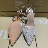 ZA Home 2025 New Famous Lumindia Bright Film Fine Heel High Heel Female Sharp Sexy T-Word Head After The Empty Water Drill Sandals HZ0115