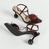 Ladies Three-Dimensional Lace Flower Tip-Shaped Heel Sandals Party Wine Red High Heels HZ0115