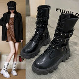 2025 Autumn And Winter New Punk Tie Thick Bottom Mid-Sleest Boots Women Large Size Knight Boots Boots HZ0115