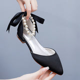 2 Cm Flat Tip Hollow Sandals Low Heel White Ribbon Wedding Shoes HZ0115