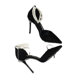 2025 Fairy Wind And Black Beautiful Pearl Strap High Heels Sexy Shallow Velvet Single Shoes HZ0115