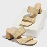 Women's Square Head Weaving Word With Thick Heel Sandals Women's Shoes Pure Color Simple Party Apricot High Heels HZ0115