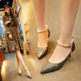 Baotou Sandals Women's Spring 2025 New Korean Version One-×Ö Buttoned Pearl Tip Fine And Frosted High Heel Single Shoes HZ0115