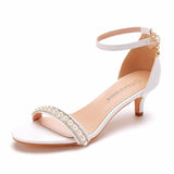 11 Cm High-Heeled Sandals Pearl White Buckle Shoes Fine Heel Fish Mouth Roman Sandals White Wedding Shoes HZ0115