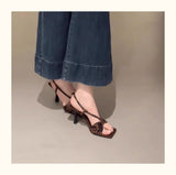 New French Fashion Fine Heel High Heel High Heel Slender Square Bow High Heel Sandals In The Summer Of 2025 HZ0115