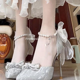 18-Year-Old Adult Lily Net Bow Bow High Heels Women With Pearl Fine Sandals Female Beautiful Princess Wedding Shoes HZ0115