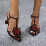 Ladies Three-Dimensional Lace Flower Tip-Shaped Heel Sandals Party Wine Red High Heels HZ0115