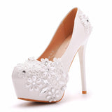 14 Cm White Lace High Heels Wedding Shoes Water Drill Pearl Banquet Shoes Large Size Thin Heel Waterproof Table Single Shoes HZ0115