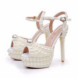 14 Cm High-Heeled Sandals Rice Pearl Fish Mouth High Heel Sandals Fine Heel Waterproof Table Bridal Wedding Dress Sandals HZ0115