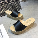 Pine Cake Slippers Women Cool Drag Slope With High Heel 7CM Word Drag Leather Large Size Women's Shoes 35-42 Perennial HZ0115