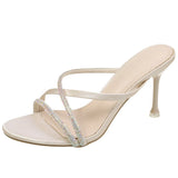 High-Heeled Sandals Water Drill Women's Fine And Exposed Toe 2025 Summer New One-Word With Half-Slippers Wearing Net Red Tide HZ0115