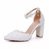 10 Cm White Lace Tip Coarse Sandals Wedding Dress Shoes Spring And Autumn Coarse Tips Sandals White Wedding Shoes HZ0115
