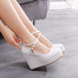 10 Cm Fashion Thick Bottom Slope Single Shoe Round Head Height Waterproof Slope Heel Buckle Heel Women's Shoes HZ0115