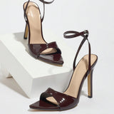 Lady Patent Leather With Pointed Slender High-Heeled Sandals Coffee Brown High Heels HZ0115