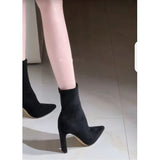 Kari High Heel Short Boots Martin Boots Korean Version Of 2025 New Pointed Thick And Sleeve Elastic Velvet Skin Skin Skinned Boots HZ0115
