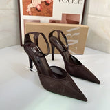 ZA Home 2025 New Women's Shoes Low Heel Temperament High Heels High-Heeled Shoes Back Scratched Single Shoe Net Face Brown HZ0115