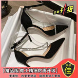 2025 New Ocean Gas Fine Tip Point Single Shoe Head One-Word Buckle Drill Sandals Black High-Heeled Shoes HZ0115