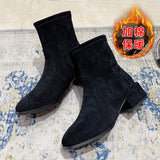 2025 Autumn And Winter New Short-Singeyed Women British Wind Square Fashion Velvet Rough And Martin Boots Plus Velvet Fashion Boots HZ0115