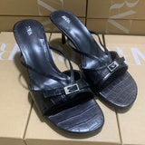 ZA Home 2025 New Crocodile  Characteribal Cold Slippers Black Fine High And Casual Round Head Buckle Ornament HZ0115