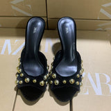 ZA2025 Spring New Rivet Slippers Black Women Wear Round-Headed High-Heeled Shoes HZ0115