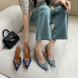 Korean Version Of The Commuter Wind Heightening Thin Tip Fine Heel Single Shoes Spring And Autumn New Temperament Denim Cloth High-Heeled Sandals HZ0115