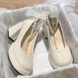 2025 French Pearl Fairy Wind Bow Bow Thick-Soled Waterproof Table Mary Jane Heel Women's Coarse Heel Single Shoes Bridesmaid Shoes HZ0115