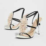 Special For The New Round Head Plating Fine High-Heeled Sandals Women's High Heel Lace Shiny Floral Fashion HZ0115