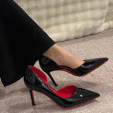 Spring And Summer 2025 New Pointed Temperament Patent Leather Bare Red-Soled High-Heeled Shoes Women's Fine Side Air Work Shoes Single Shoes HZ0115