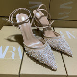 ZA Home 2025 New Famous Lumindia Bright Film Fine Heel High Heel Female Sharp Sexy T-Word Head After The Empty Water Drill Sandals HZ0115