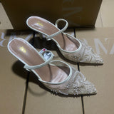 ZA 2025 New New Products Sharp Head Behind The Empty Solid Color Embroidery Mesh Fine High Heel Muller Shoes 8236 HZ0115