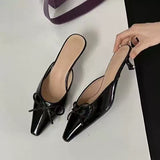 2025 New Bows Fine Heels Large-Size Wine Red Wear Slippers Retro Tip Half-Tug HZ0115