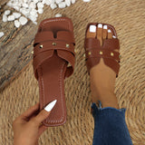 Southeast Asian Women Solid Color Large-Size Rivet Slippers Casual Side Toe Flat Summer Light Beach Shoes HZ0115