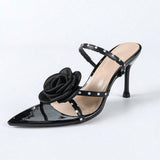 Women's Three-Dimensional Flower Spots Ankle With Pointed Slender High-Heeled Sandals Black High Heels HZ0115