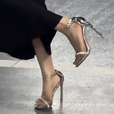 In The Summer Of 2025, The New Silver Patent Leather With Water Drill High Heels Women's Fine Heel Sandals Are Beautiful. HZ0115