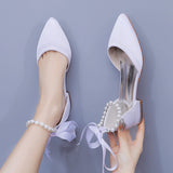 2 Cm Flat Tip Hollow Sandals Low Heel White Ribbon Wedding Dress Shoes HZ0115