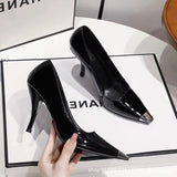 2025 Summer New Black Patent Leather High Heels Fine Heel Temperament Square French Girl Professional Fashion Single Shoes HZ0115
