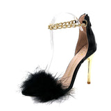 2025 New Summer Temperament High Heels Women Metal Chain Decoration With Fine Heel Fashion Fur Sandals HZ0115