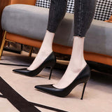Hotel Working Shoes Women Black High Heels Fine Heel Professional Tip Low Heel Soft Leather Small Size Comfortable Single Shoes HZ0115