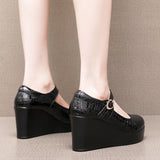 Painted Leather Stone Slope Heel Single Shoe Round Head Light Mouth Work Shoes Thick-Soled Waterproof Table Model Show High Heels Women HZ0115