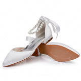 2 Cm Flat Tip Hollow Sandals Low Heel White Ribbon Wedding Dress Shoes HZ0115