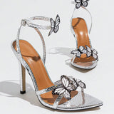 Women's Pointy Butterfly Decoration Cross-Word With Ankle With Thin High-Heeled Silver High Heels HZ0115